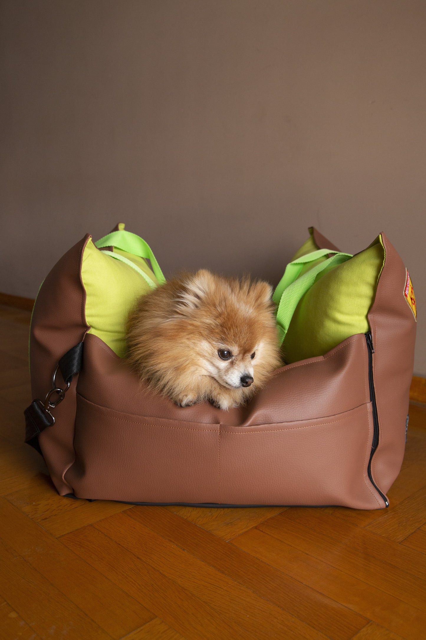 Luxury Dog Car Seat / Travel Bag - "Mocha Lime"