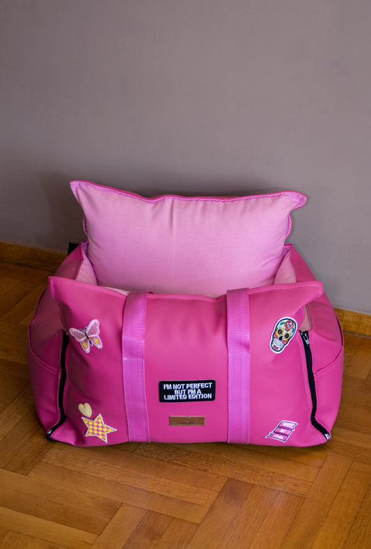 Luxury Dog Car Seat / Travel Bag - "Fuchsia Paws"
