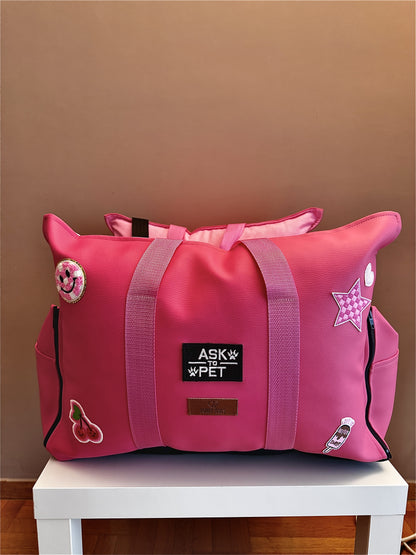 LUXURY DOG CAR SEAT / TRAVEL BAG - "FUCHSIA PAWS"