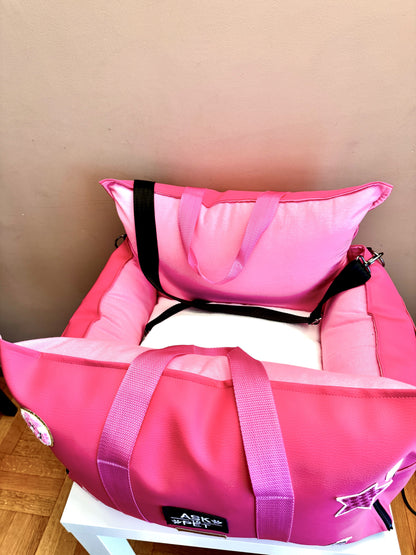 LUXURY DOG CAR SEAT / TRAVEL BAG - "FUCHSIA PAWS"