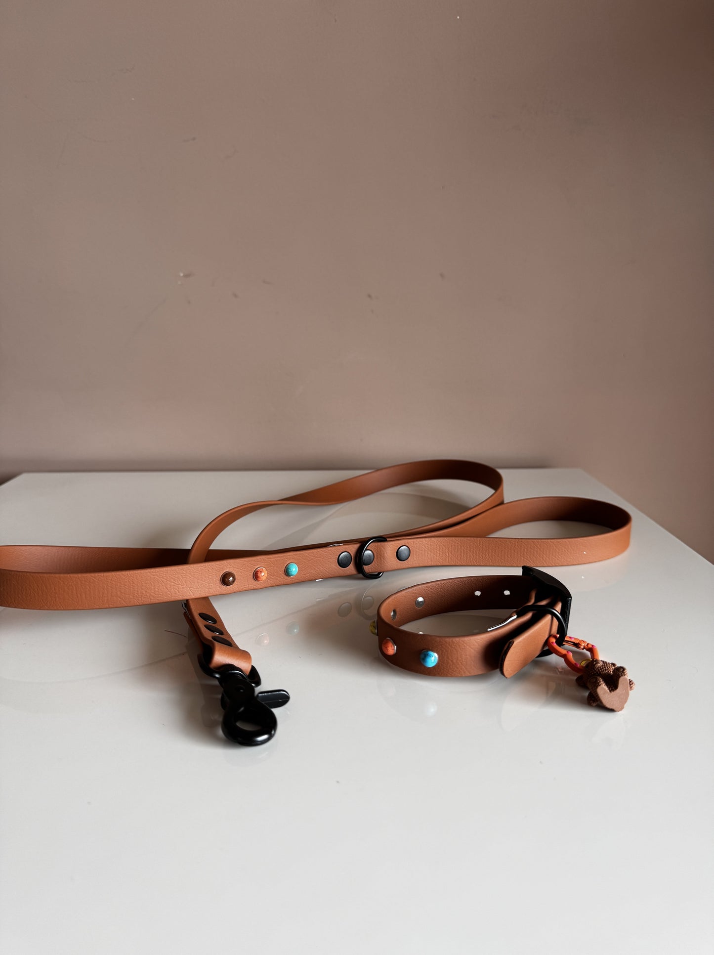 Βiothane Leash Brown -Colourful Studs-  Safety loop