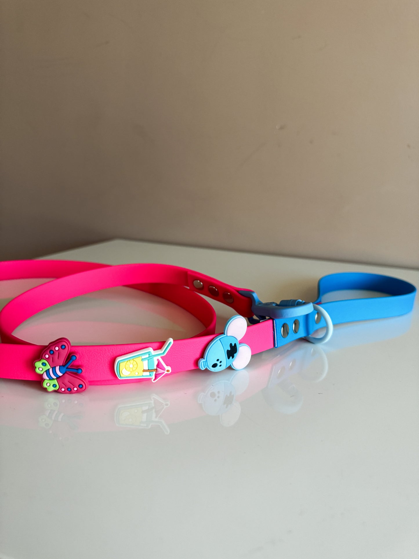 Waterproof Leash Neon Pink – Blue with PVC Charms