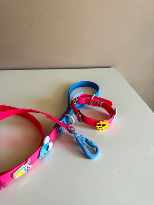 Waterproof Collar – Neon Pink - Blue with PVC Charms