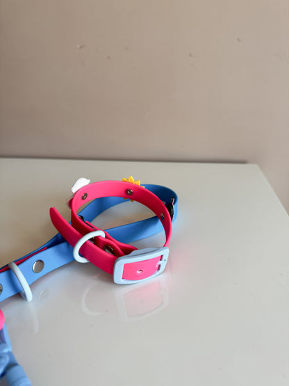 Waterproof Collar – Neon Pink - Blue with PVC Charms