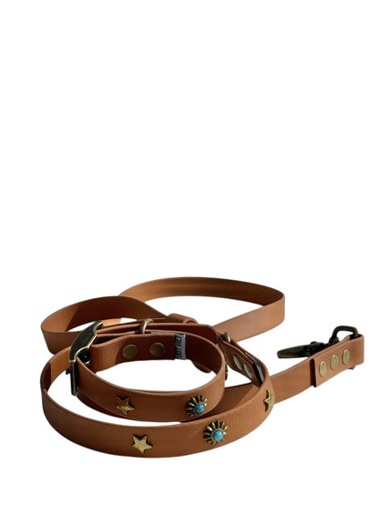 Biothane Collar in Brown - Starry Studs & Turquoise Accent
