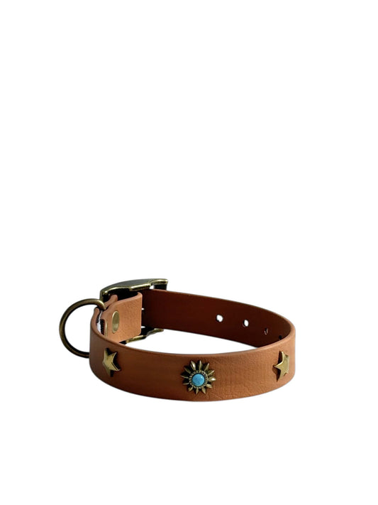Biothane Collar in Brown - Starry Studs & Turquoise Accent