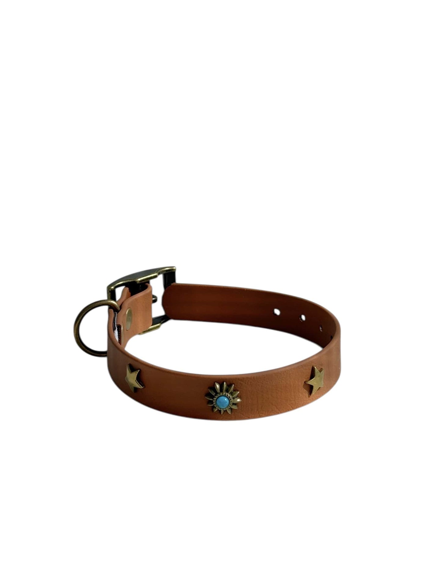 Biothane Collar in Brown - Starry Studs & Turquoise Accent